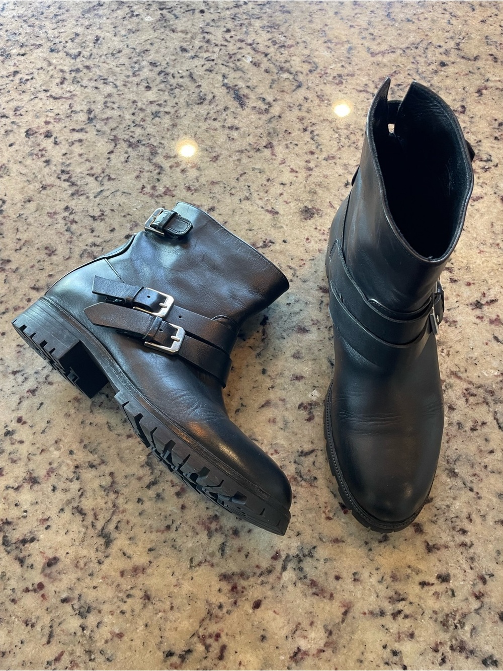 Massimo Dutti Women's Black Leather Buckle moto Boots 39
